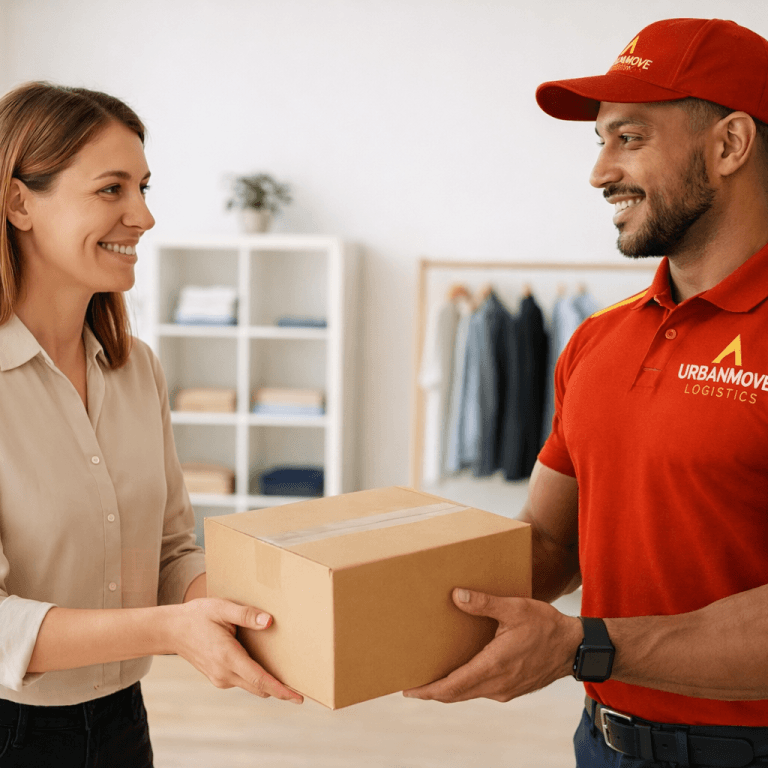 Urban Move Logistics courier handing a same-day parcel delivery to a customer in Aberdeen